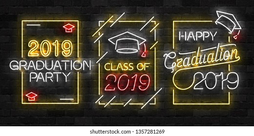 Vector set of realistic isolated neon sign of Graduation logo for template decoration and invitation layout on the wall background.