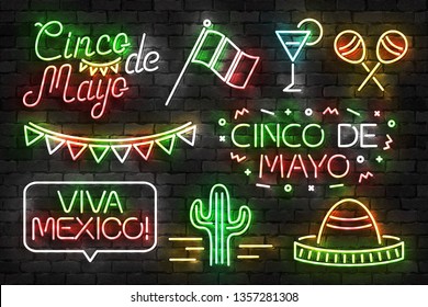 Vector set of realistic isolated neon sign of Cinco De Mayo logo for template decoration and invitation covering on the wall background. Concept of Viva Mexico.