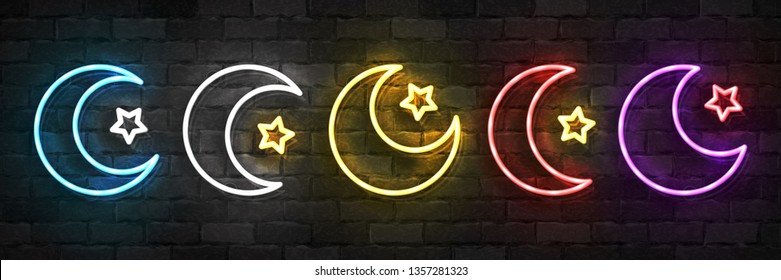 Vector set of realistic isolated neon sign of Islamic Crescent logo for template decoration on the wall background. Concept of Happy Ramadan Kareem.