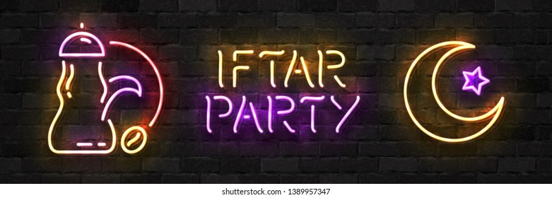 Vector set of realistic isolated neon sign of Iftar Party logo for template decoration and invitation covering. Concept of Ramadan Kareem and Eid Mubarak.