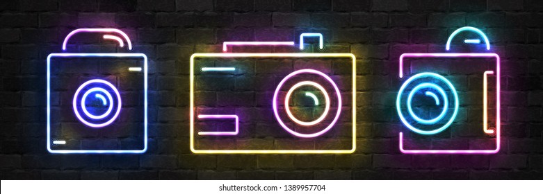 Vector set of realistic isolated neon sign of Camera logo for template decoration on the wall background. Concept of photographer profession, cinema studio and creative process.