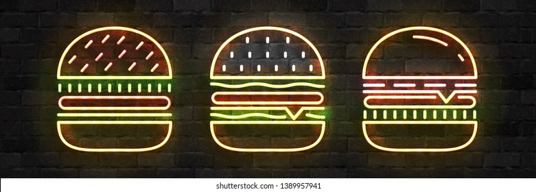 Vector set of realistic isolated neon sign of Burger logo for template decoration and covering on the wall background. Concept of fast food, cafe and restaurant.