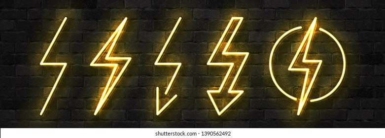 Vector set of realistic isolated neon sign of Electricity logo for template decoration and covering on the wall background. Concept of lightning and energy.