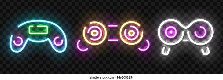 Vector set of realistic isolated neon sign of Game Controller logo for template decoration and mockup covering on the transparent background. Concept of gaming.
