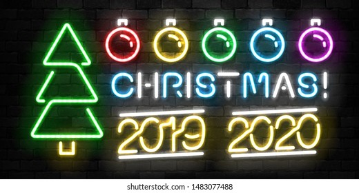 Vector set of realistic isolated neon sign of Merry Christmas logo for template decoration and invitation covering on the wall background. Concept of Happy New Year.