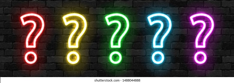 Conjunto vectorial de signo de neón aislado realista del logotipo Question para la decoración de plantillas y el recubrimiento en el fondo de la pared. Concepto de trivialidad y ¿sabías el test?