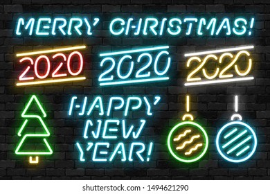 Vector set of realistic isolated neon sign of Christmas logo for template decoration and invitation covering on the wall background. Concept of Happy New Year.