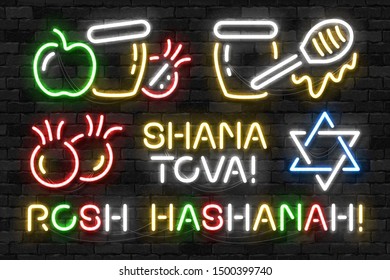 Vector set of realistic isolated neon sign of Rosh Hashanah logo for invitation covering on the wall background. Concept of Jewish New Year holiday.