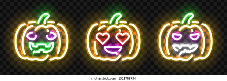 Vector set of realistic isolated neon sign of Pumpkin logo for template decoration and invitation covering on the transparent background. Concept of Happy Halloween.