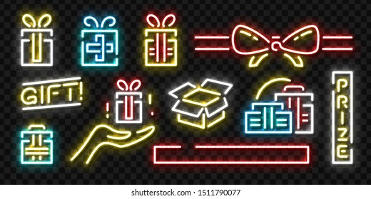 Vector set of realistic isolated neon sign of Gift logo for template decoration and invitation covering on the transparent background. Concept of Christmas present, bonus or reward.
