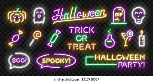 Vector set of realistic isolated neon sign of Halloween logo for template decoration and invitation covering on the transparent background.