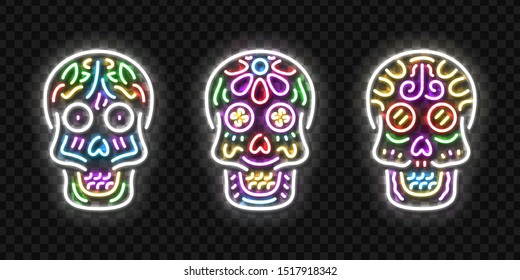 Vector set of realistic isolated neon sign of Skull logo for template decoration and covering on the transparent background. Concept of Dia De Los Muertos, Day of the Dead, Happy Halloween in Mexico.