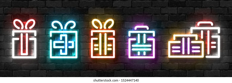 Vector set of realistic isolated neon sign of Gift logo for template decoration and invitation covering on the wall background. Concept of Christmas present, bonus or reward.