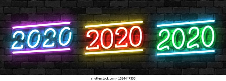 Vector set of realistic isolated neon sign of 2020 year logo for template decoration and covering on the wall background. Concept of Happy New Year and Merry Christmas.