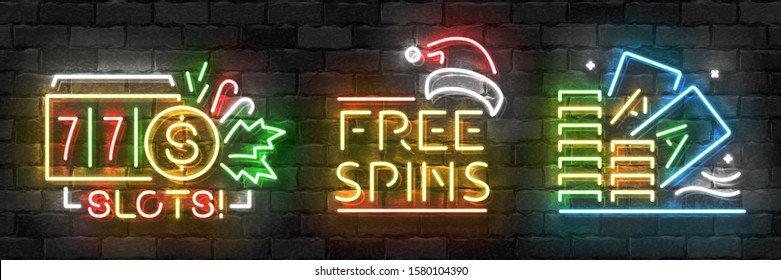 Vector set of realistic isolated neon sign of Christmas Casino logo for decoration and covering on the wall background. Concept of Christmas bonus in casino and free spins.