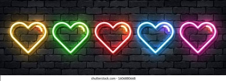 Vector set of realistic isolated neon sign of colorful hearts for template decoration and layout covering on the wall background. Concept of Happy Valentines Day.