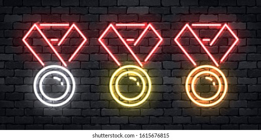 Vector set of realistic isolated neon sign of Golden, Silver and  Copper Medal logo for template decoration and layout covering on the wall background. Concept of winner.