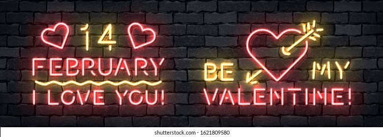 Vector set of realistic isolated neon sign of Valentines Day for template decoration and layout covering on the wall background.