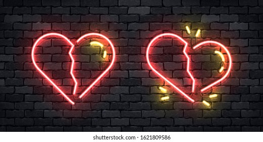 Vector set of realistic isolated neon sign of Broken Heart logo for template decoration and layout covering on the wall background. Concept of Unhappy Valentines Day.