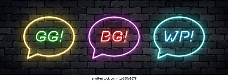 Vector set of realistic isolated neon sign of GG, BG, WP logo for template decoration and layout covering on the wall background. Concept of gaming slang.