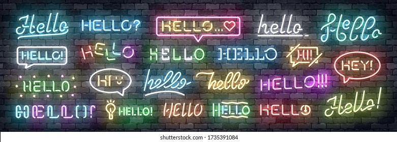 Vector set of realistic isolated neon sign of Hello greeting and welcoming concept for decoration and covering on the wall background.