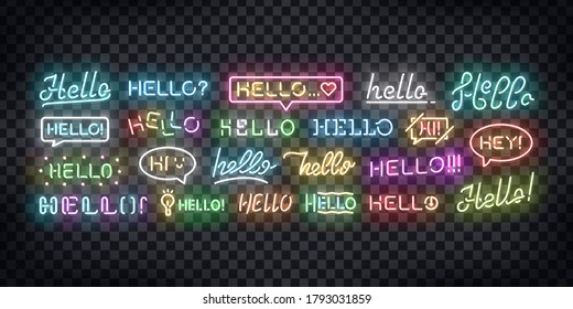 Vector set of realistic isolated neon sign of Hello greeting and welcoming concept for decoration and covering on the transparent background.