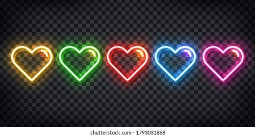 Vector set of realistic isolated neon sign of colorful hearts for template decoration and layout covering on the transparent background.