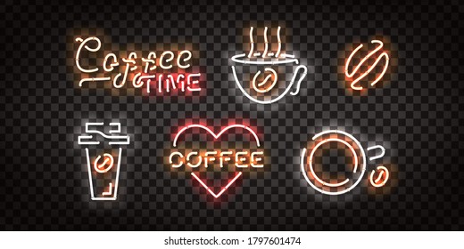 Vector set of realistic isolated neon sign of Coffee logo for template decoration and covering on the transparent background. Concept of cafe and coffee shop.