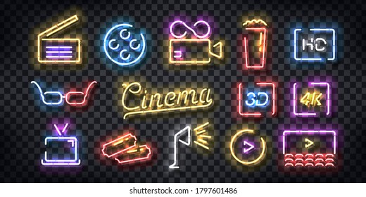 Vector set of realistic isolated neon sign of Cinema logo for template decoration and invitation covering on the transparent background.