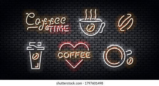 Vector set of realistic isolated neon sign of Coffee logo for template decoration and covering on the wall background. Concept of cafe and coffee shop.