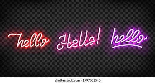 Vector set of realistic isolated neon sign of Hello greeting and welcoming concept for decoration and covering on the transparent background.
