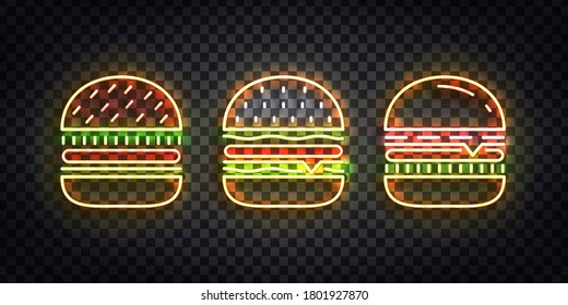 Vector set of realistic isolated neon sign of Burger logo for template decoration and covering on the transparent background. Concept of fast food, cafe and restaurant.
