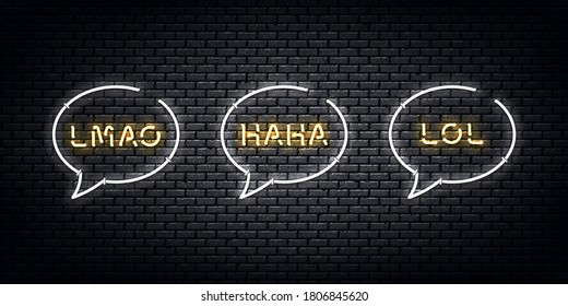 Vector set of realistic isolated neon sign of LOL, HAHA, LMAO logo for decoration and covering on the wall background. Concept of social media and laugh.
