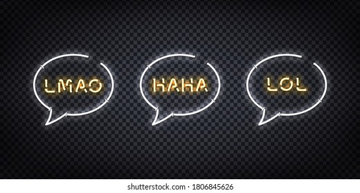 Vector set of realistic isolated neon sign of LOL, HAHA, LMAO logo for decoration and covering on the transparent background. Concept of social media and laugh.
