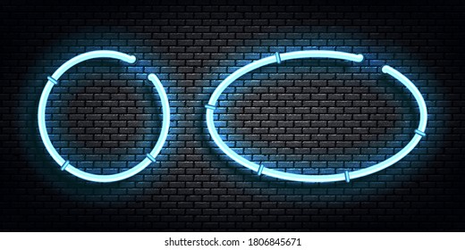 Conjunto vectorial de signo de neón aislado realista de círculo azul y marco ovalado para la plantilla y el diseño en el fondo de la pared.
