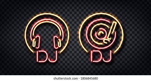 Vector set of realistic isolated neon sign of DJ for template decoration and layout on the transparent background.