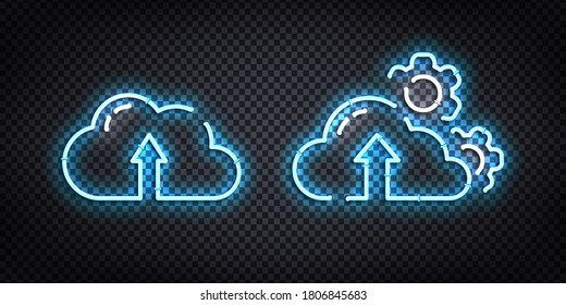 Conjunto de vectores de señal de neón aislado realista de nube de almacenamiento de datos para la decoración y cobertura sobre el fondo transparente. Concepto de informática, electrónica y tecnología.