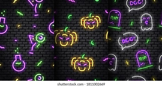 Vector set of realistic isolated neon seamless pattern of Halloween on the seamless wall.