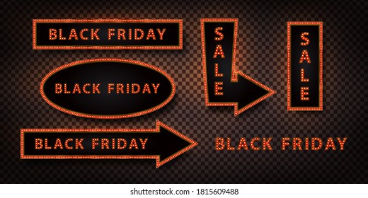 Vector set of realistic isolated neon billboard for Black Friday for decoration and covering on the transparent background. Concept of sale and discount.