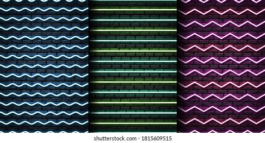 Conjunto de vectores de neón aislado realista sin fisuras con zigzag para la plantilla y el diseño en la pared sin fisuras.