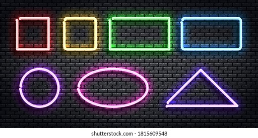 Vector set of realistic isolated neon sign of frame with different shape and color for template and layout on the wall background.