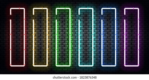 Vector set of realistic isolated neon sign of vertical frame for template and layout.