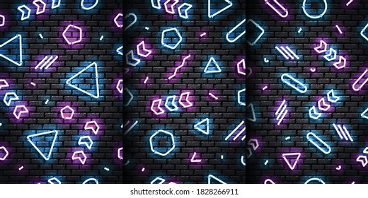 Vector set of realistic isolated neon seamless patterns with blue and purple colors for template and layout on the seamless wall.