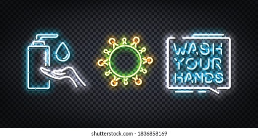 Vector set of realistic isolated neon sign of Sanitizer logo for invitation decoration and template covering.