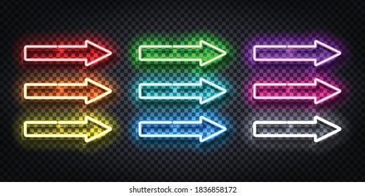 Conjunto de vectores de signo de neón aislado realista del logotipo de Arrow para la decoración de la invitación y el recubrimiento de plantillas.