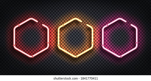 Vector set of realistic isolated neon sign of hexagon frame for template and layout.
