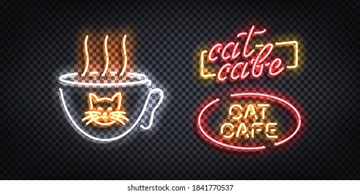 Vector set of realistic isolated neon sign of Cat Cafe logo for template and invitation decoration.