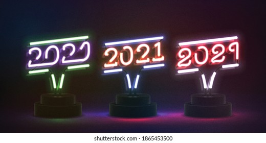 Conjunto de vectores de señal de neón aislado realista de 2021 Feliz Navidad y Feliz Año Nuevo para la decoración de invitación.