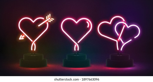 Vector set of realistic isolated neon sign of Heart logo for invitation template. Concept of Valentine's Day.