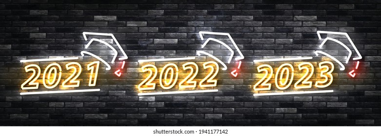 Vector set of realistic isolated neon sign of Graduation 2021, 2022 and 2023 logo on the wall background.